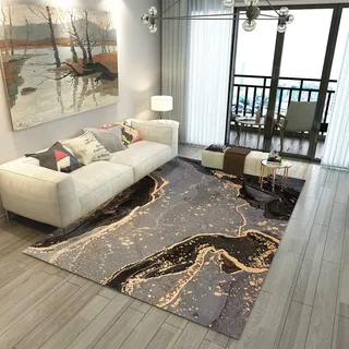 Schwarz Gold Marmor Teppich - Grün Ölgemälde Abstrakt Wohnzimmer Nordischen Stil 3D Junge Mädchen Schlafzimmer Stuhl Matte Balkon Carpet Korridor Rug (100x150 cm, Grau)