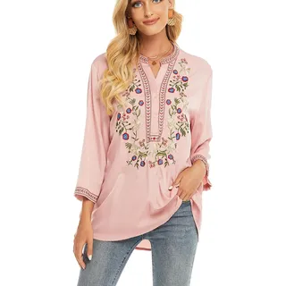 drakloak Damen Sommer Bluse Boho Stickerei Mexikanisch Tops V-Ausschnitt Shirt Kurzarm Boho Tunika Folklore Hippie Blusen(325 PK M) - M