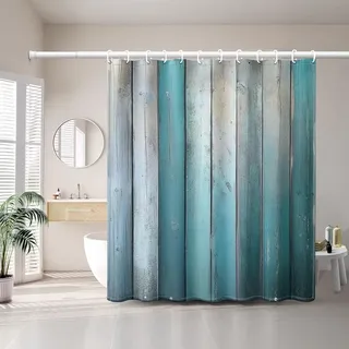 AUWUUA Türkis Vintage-Holzmaserung Duschvorhang (200 x 220 cm) – Minimalistischer Stil, mit Haken, wasserdichtes Polyestergewebe, ideal für Badezimmer und Hotels.