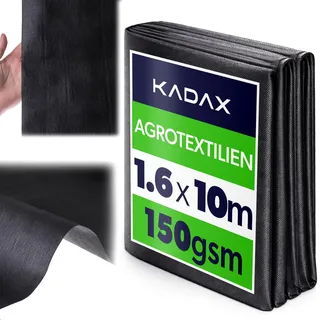 KADAX Unkrautgewebe 1,6 x 10 m, 150 g/m2, Schwarz Hochbeetfolie aus Polypropylen, Wasserdurchlässig Mulchfolie gegen Unkraut, Unkrautfolie für Garten, Gartenfolie