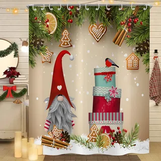 Hnmdmyi Duschvorhang Weihnachten 180x200, Niedlicher GNOME Bunte Geschenkboxen Grüner Tannenzweig Xmas Winter Urlaub Badewanne Vorhang Wasserdicht Polyester Stoff Waschbar Badevorhang mit Haken