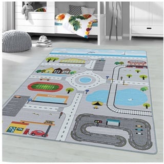 Kinderteppich Spielteppich Straßenteppich Kinderteppich Kinderzimmer Autoteppich, Miovani grau 80 cm x 120 cm