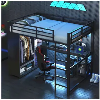 REDOM Hochbett Funktionsbett,Gästebett,Kinderbett (Metall-Gaming-Hochbett mit LED, Schreibtisch, Kleiderschrank und Ablagefächern) 145 cm x 204 cm x 180 cm