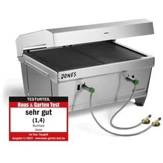 BURNHARD® Gasgrill Camping JONES Edelstahl Klappgrill mit Deckel 2-Brenner 6,4 kW, inkl. Transporttasche mit Rucksackfunktion und Multitool, Faltgrill ideal für Camping, #945835 silberfarben