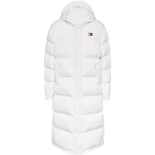 Steppmantel TOMMY JEANS "TJW ALASKA LONG PUFFER EXT", Damen, Gr. L (40), weiß, Web, Obermaterial: 100% Polyester. Futter: 100% Polyester, unifarben, casual, normal kniebedeckend, Langarm Bündchen mit Klettverschluss, Mäntel, mit Logostickerei