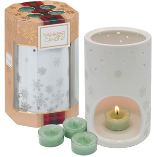 Yankee Candle Geschenkset, mit 4 duftenden White Fir Teelichten und 1 Leuchte in Schneeflockenform, Alpine Christmas Collection, in festlicher Schneeflocken-Geschenkbox
