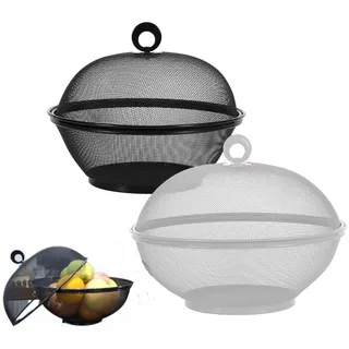 Obstschale Metall mit Fliegenschutz - dekorativer Obstkorb Vintage - Abgerundetes-Design Durchbrochener Aufbewahrung für Gemüse Obst Brot- Skandinavische Deko Korb 27x24cm (Weiß +schwarz)