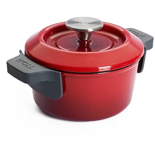 WOLL – Iron Gusstopf Ø 16 cm rot mit Deckel & Silikongriffen – Induktion Eisenguss-Topf 1,3 Liter, 8 cm hoch – robust, antihaftbeschichtet, für alle Herdarten, backofenfest