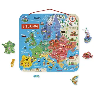 Janod - Magnetisches Puzzle Europakarte - Pädagogisches Holzpuzzle zum Lernen der Geographie - Europareise mit 40 Magneten - Zum Aufhängen an der Wand - Französische Version - Ab 7 Jahren, J05476