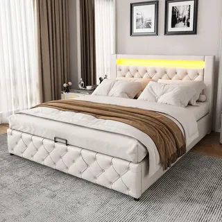 okwish Polsterbett 160 x 200 cm, Funktionsbett mit Lattenrost und Stauraum, mit LED-Beleuchtung, Weiß, PU - Weiß