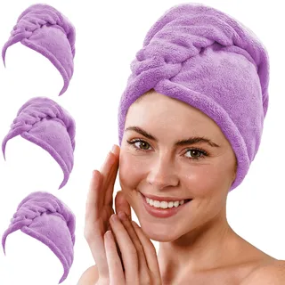 Gräfenstayn 3er-Set Haarturban aus Mikrofaser mit 2 Knöpfen - Turban Handtuch schnelltrocknend & saugstark - Haar-Handtuch Kurze & Lange Haare, Knopf Kopfhandtuch Coralfleece (Lila)