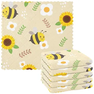 Geschirrtuch-Set mit Bienen-Motiv und Sonnenblume, niedlich, lustig, Cartoon, Gelb, Mikrofaser, Küchentücher, Geschirrtuch-Set, Baumwolle