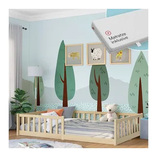 Bellabino Kinderbett Vere mit Rausfallschutz und Lattenrost (natur mit Matratze, Kiefer Massivholz), Bodenbett verfügbar in 80x160 & 90/120/140x200 cm braun