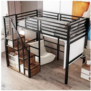 LuxusKollektion Metallbett Hochbett 90x200cm Metall schwarz mit Treppe schwarz