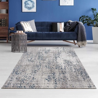 hochwertiger Designer Teppich Antea — Moderne Kurzflor Teppiche — Zimmerteppich im Vintage Design — (160x230cm, Ornamente blau/beige)