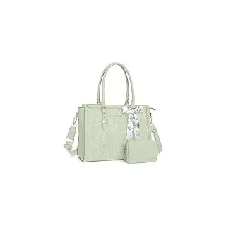 MOSISO Laptoptasche Damen, 15,6-16 Zoll PU Lehrertasche Handtasche Kompatibel mit MacBook HP Dell Asus, Vorderseite Prägung Retro Hibiskus Aktentasche mit Seidenschal&Clutchtasche, Salbei Grün
