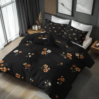 Generisch Schwarzes Blumig Bettwäsche 135x200 2tlg, Schlafzimmer Deko Bettbezug und 1 Kissenbezug 80x80, Botanische Blumen Deckenbezug mit Reißverschluss, Weich Mikrofaser YAQ3-42