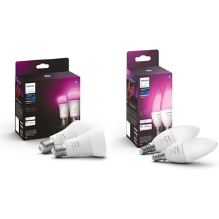Philips Hue White & Color Ambiance E27 LED Lampen 2-er Pack (1.055 lm) & White & Color Ambiance E14 LED Leuchten 2-er Pack (470 lm)