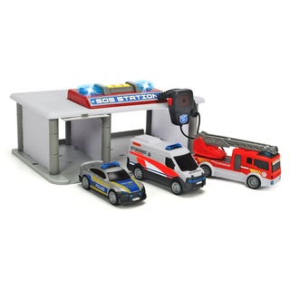 Dickie Toys – Rettungsstation - mit Polizeiauto, Feuerwehrauto & Krankenwagen, interaktive Spielzeug-Rettungswache für Kinder ab 3 Jahren