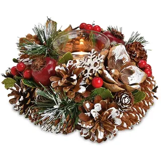 G. Wurm GmbH Windlicht Kranz. Deko-Kranz aus Holz und Kunststoff mit Windlicht aus Glas für Teelicht. Adventsgesteck Ø18 cm x Höhe 9 cm