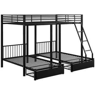 Rutaqian Etagenbett Dreifaches Etagenbett mit Schubladen, Metallbettrahmen (umwandelbar in 140 x 200 Doppelbett und zwei 90 x 200 Einzelbetten), multifunktionales Metallrahmenbett