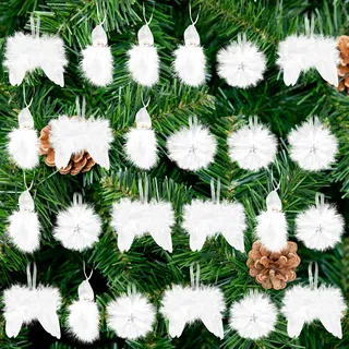 Christbaumschmuck Weiß, 24 Stück Wichtel Weihnachtsbaumschmuck und Engelsflügel Weihnachtsbaum, Christbaumschmuck Schneeflocken Feder, Wichtel Anhänger Set für Weihnachten Hochzeit Zuhause Party