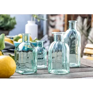 Dekoleidenschaft 4X Vase Aqua in türkis, 10-19 cm klein, aus klarem Glas, Tischvase in Flaschenform, Blumenvase, Flaschenvase, Vasenset, Dekoflaschen, Glasvase