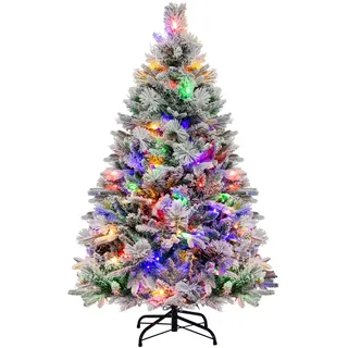 COSTWAY Künstlicher Weihnachtsbaum mit Beleuchtung, Schnee und Zapfen, 136 cm Tannenbaum mit 8 Lichtmodi, 472 PE PVC Zweigspitzen, Christbaum, Kunstbaum Weihnachten für Zuhause, Büro, weiß