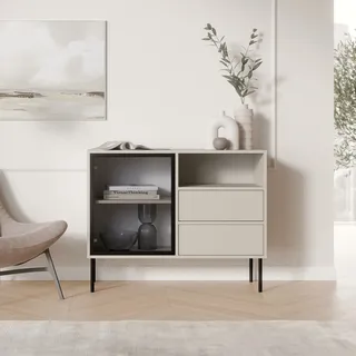 Sideboard Caravino, Anrichte 2 Schubladen, 2 Regale, Türen, Schiebetür, 100x40x80h Cm Beige