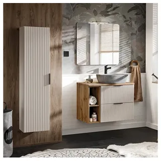 Lomadox Badmöbel-Set ADELAIDE-56-CASHMERE, (Spar-Set, 3-St., Hochschrank Waschtisch LED-Spiegel), 80cm Waschtisch mit Aufsatzbecken, kaschmir und Eiche beige|weiß