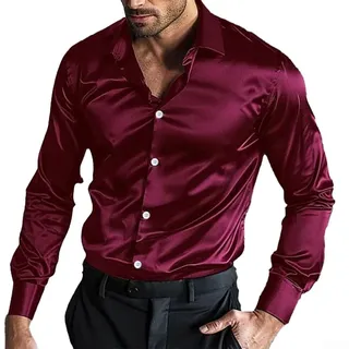 Herren-Seidenhemd aus Satin-Seide, langärmelig, Freizeithemden für Hochzeit, Party, Clubwear (M Weinrot)