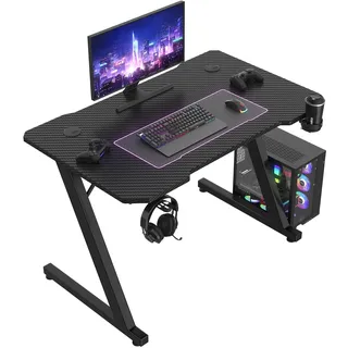 JUMMICO JUMMCO Gaming-Tisch, Gaming-Tisch mit Becherhalter und Headset-Halter, 2 professionelle Kabelführungslöcher, Tischplatte aus Kohlefaser, hochwertiges schwarzes Metallgestell 80x52 cm