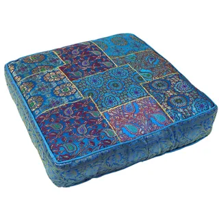 GURU SHOP Orientalisches Eckiges Patchwork Kissen 50 cm, Sitzkissen, Bodenkissen mit Baumwollfüllung - Blau