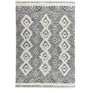 Wollteppich THEKO "Mora - 14019", schwarz (schwarz, weiß), B:120cm H:10mm L:180cm, Schurwolle, Teppiche, Fransenteppich, Handweb Teppich, reine Wolle, handgewebt, Rauten Design, mit Fransen