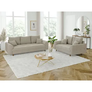 s-style möbel Viggo - Polstergarnitur 3+2 Mit Braun Holzfüßen Im Skandinavischen Stil Aus Beige Boucle-stoff