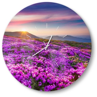 DEQORI Wanduhr 'Blühende Bergwiese' (Glas Glasuhr modern Wand Uhr Design Küchenuhr) rosa 50 cm x 50 cm