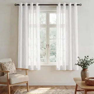 PONY DANCE Kurzgardinen mit Ösen Wohnzimmer Vorhang Halbtransparent | 2er Set, H137 x B132cm, Weiß, Leinenoptik, Luftig, Lichtdurchlässig, Sichtschutz, Modern, für Küche Büro, Kleine Fenster