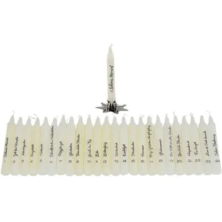 24 Stück Adventskalenderkerzen, Kerzenhalter mit 24 verschiedenen | Spruchkerzen Kerzen für Adventskalender nummeriert mit Spruch in einer Geschenkbox aus Glas, L/B/H 11 x 11 x 12 cm.