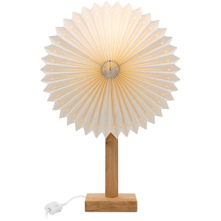 hellum Tischlampe mit Design Papier Lampenschirm Sunny mit LED Glühbirne, Weiß Papierschirm mit Fuß aus Holz und Metall. Deko Tischleuchte mit 1,5m Kabel mit Stecker mit Schalter, Höhe 60 cm 578744