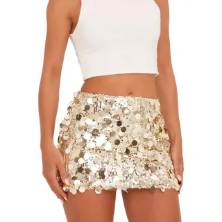 Glitzer Rock, Damen Sexy Glänzender Pailletten-Minirock Glitzer Niedrige Taille Bleistiftröcke Bodycon Tanzparty Club Kurzer Rock, L