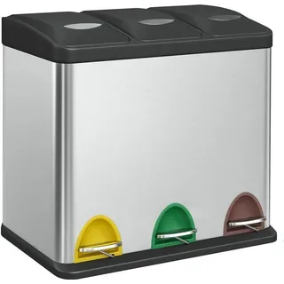Welikera Mülleimer, Mülleimer Küche, 3 x 8 Liter, Mülltrennsystem 3 Fächer, Abfalleimer mit Deckel für gelben Sack, Biomüll, Stahl-Treteimer - Silber