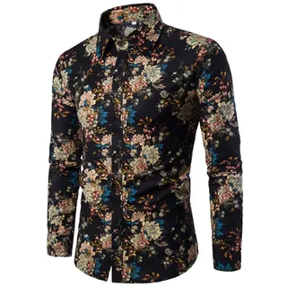 PPPPA Herrenhemd mit Blumenmuster, Button Langarmhemd mit Blumendruck, 100% Baumwolle, Retro, traditionelles ethnisches Muster, Leinen, Langarm, Herren-Paisley-Hemd, lässiges Retro-Button-Down-Hemd - XL