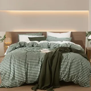 Lanqinglv Bettwäsche 135x200 Baumwolle Kariert Grün Weiß,Renforce Baumwolle Bettwäsche Set mit Reißverschluss,ÖKO-TEX Bettwäsche Gitter für Allergiker Geeignet,1 Bettbezug & 1 Kissenbezug 80x80 cm