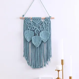 LT&NT Makramee Wandbehang Boho Dekor,Baumwolle Handgemacht Wanddeko Wandteppich Hängende Wand-Dekor,Feder Gewebter Wandteppich,Böhmischen Makramee Dekor Geometrisch-Blau 35x60cm