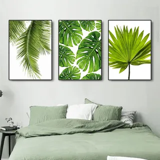 Trayosin 3er Set Poster Wandbilder, Botanisch Kunstdruck Wanddeko, Grüne Blätter Pflanze Bilder Set für Badezimmer Schlafzimmer Küche, ohne Rahmen (40x50cm)
