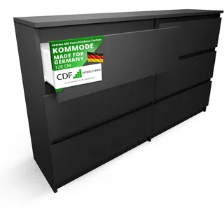 CDF Kommode Schwarz mit 6 Schubladen 30 cm Tief Komodenschrank Komode | für Wohnzimmer Schlafzimmer Schubladenschrank Malm Kommode viel Stauraum Geeignet Organizer Kleidung 120cm Breite Modern Look