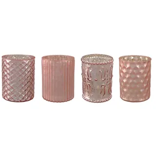 Gasper Windlicht Glas-Teelicht 10cm. 4 Stück. Teelichtglas teilw. verspiegelt rosa