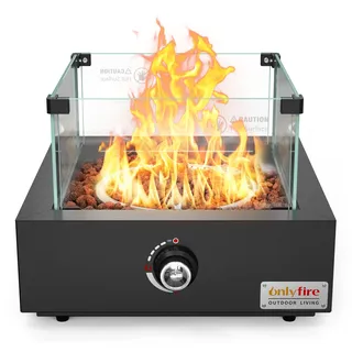 Onlyfire Tisch Gas Feuerstelle, Quadratische Outdoor Feuertisch mit Glaswindschutz, Lavastein und Hinterem Lufteinlass, Multifunktional Tischfeuer für Heizung, BBQ Grill & Ambientebeleuchtungen