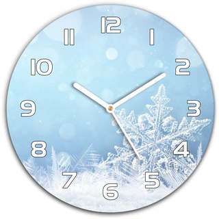Coloray Weihnachten Wanduhr ⌀ 30 cm Runde Wandkunst Bild Glas Uhr Gehärtetem Glas Küche Wohnzimmer - Weiße Uhrzeiger - Echtglas - Weihnachten Schneeflocken Winter Schnee