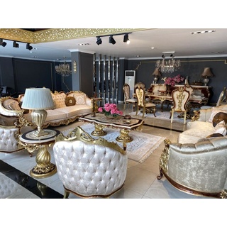Casa Padrino Luxus Barock Wohnzimmer Set Silber / Braun / Gold - 2 Sofas & 2 Sessel & 1 Couchtisch & 2 Beistelltische - Handgefertigte Wohnzimmer Möbel im Barockstil - Edel & Prunkvoll